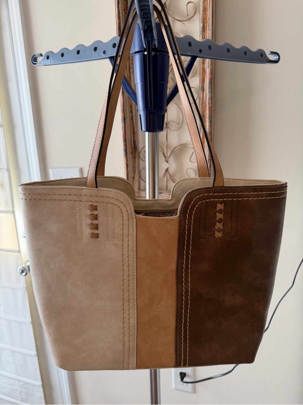 Montana West Tri-Panel Brown, Tan & Cream Leather Tote
